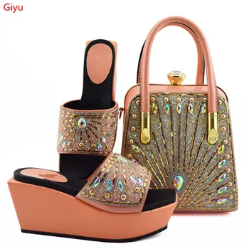 

fashion peach shoes and bag set wholesale 2019 women wedding shoes and matching purse for women party! HVC1-3