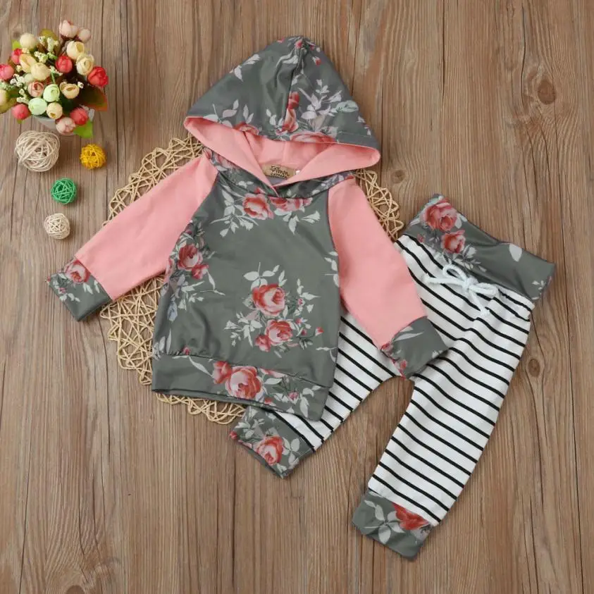 

Gray Toddler Infant Baby Boy Girl full hot Floral Stripe Hoodie sweater Tops+Pants Outfit Clothes Set Traje con capucha ag18 P30