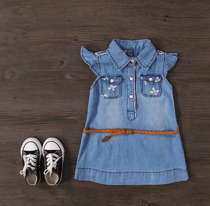

New Girls Denim Dress Baby Summer Denim Dresses Girls Fashion Bowknot-print Denim Dress With Belt Kids Summer Dresses
