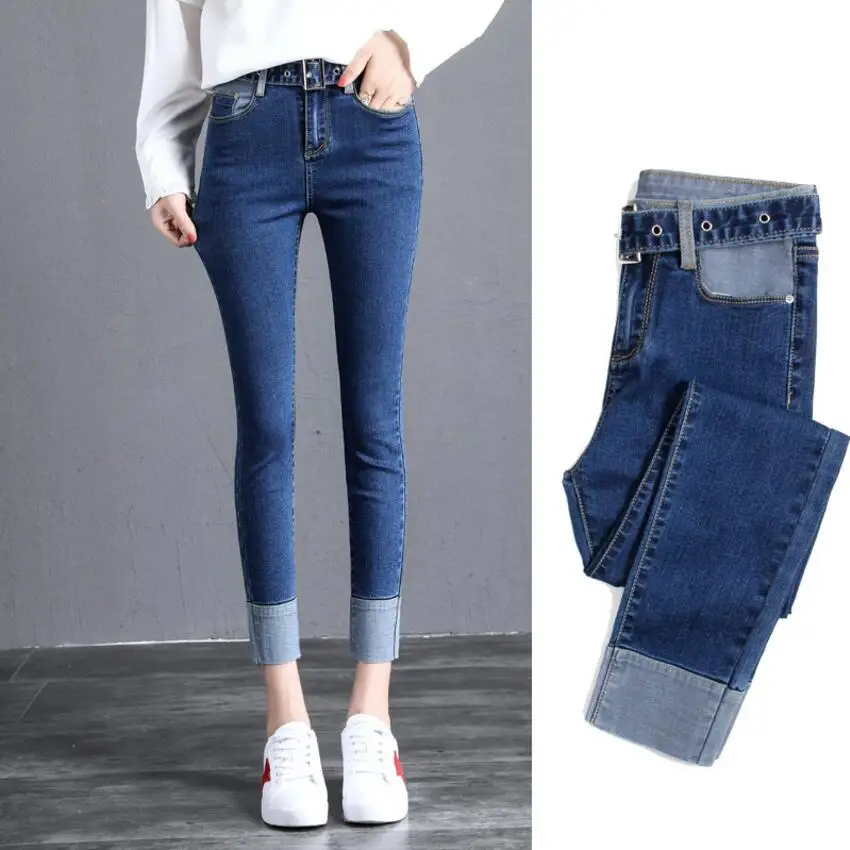 Осенние новые джинсы женская одежда контрастные брюки шнурок талии пояс брюки Тонкий тренд эластичность повседневные манжеты джинсы
