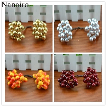 

20pcs/40head Pearl Double Head Berries Mini Fake Fruit Berries Artificial Red Cherry Flower Bouquet Stamen Christmas Decorative