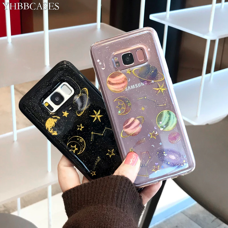 

YHBBCASESFor Samsung Galaxy S8 S9 S10 Plus Note 10 8 9 Bling Phone Cover Planet Astronomy Sparkle Powder Crystal Clear Soft Case