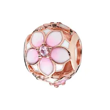 Розовый Камень затененный цветок магнолии из эмали бусины для женщин ювелирных изделий DIY Fit PANDORA Подвески Розовое золото RF001