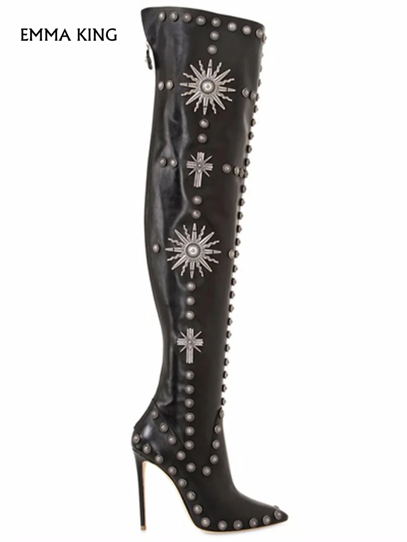

Rivets Studded Embroidery Cross Riding Boots Woman Over-Knee High Boots Cool Pointed Toe Botas Mujer Thin High Heels Women Shoes