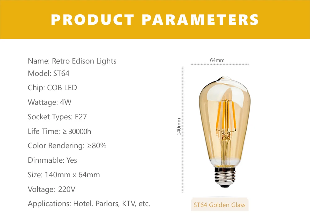GANRILAND E27 светодиодный ST64 4 Вт золотой чехол с регулируемой яркостью Edison Ретро винтажный COB светодиодный светильник лампа E27 220VAC 2200K Распродажа 5 шт
