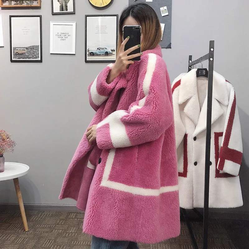 

2019 winter women medium long double breasted contrast color faux fur coat loose plus size faux lamb wool coats b177