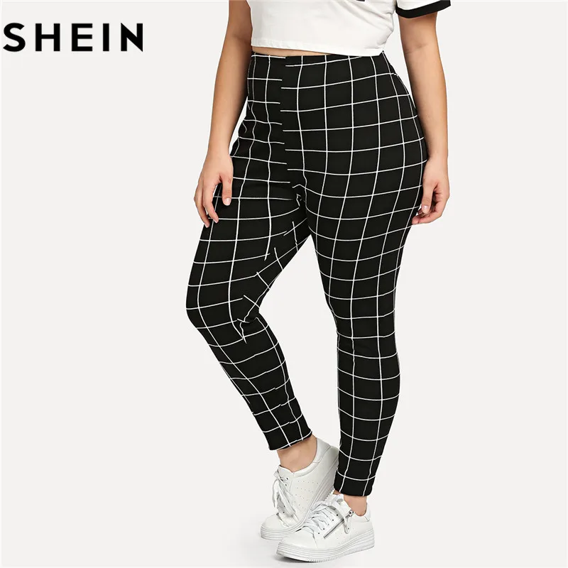 SHEIN черно белые клетчатые женские леггинсы размера плюс со средней талией осенне