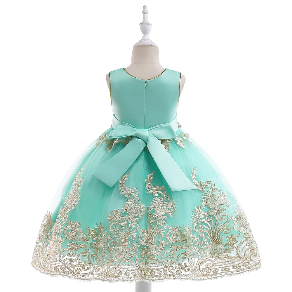 Retail Appliques Princess Girls Birthday Evening Party Gown Dress Noble Elegant Gold Line Girls Wedding Dress With Sashes L9029
