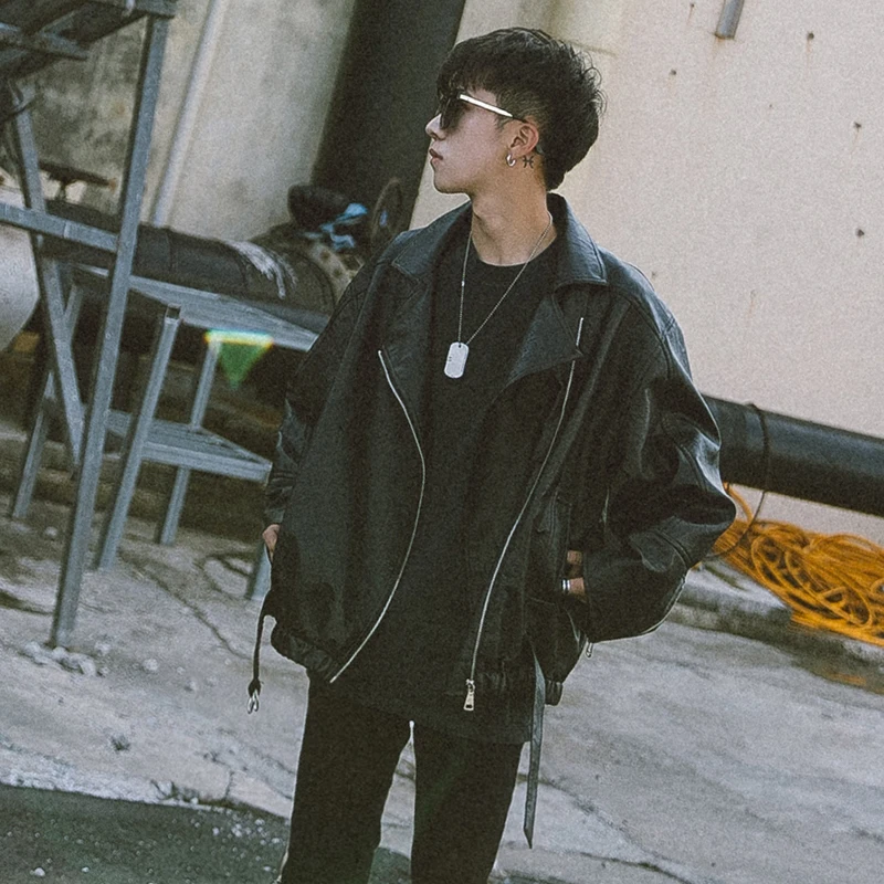 

Fashion Casual Men's Jacket Spring And Autumn New S-XL Solid Color Lapel Loose Leather Black Personality Youth Popular