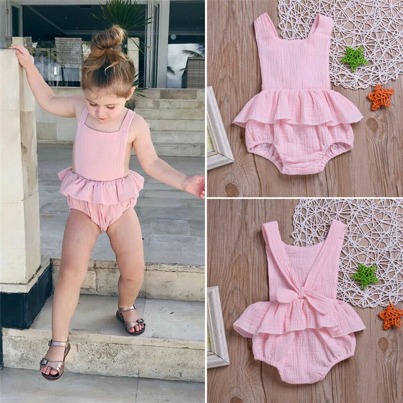 

Infant Baby Girls Clothes Sleeveless Ruffled Romper Square Collar Pure Color Jumpsuit Cute Girl Outfits Sunsuit Summer 2019