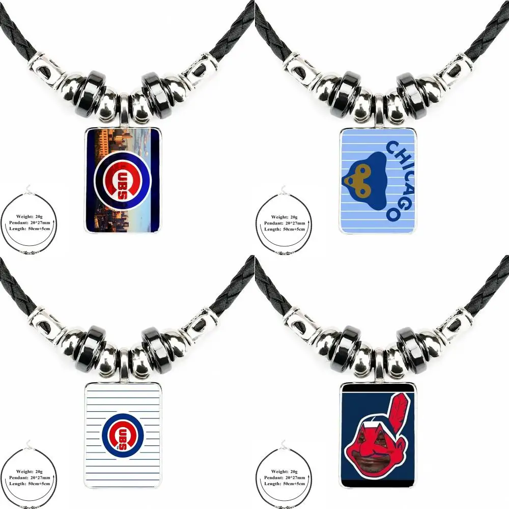 

For Woman Vintage Statement Chicago Cubs Custom Smart Vintage Black Leather Bead Pendant Jewelry Glass Cabochon Choker Necklace