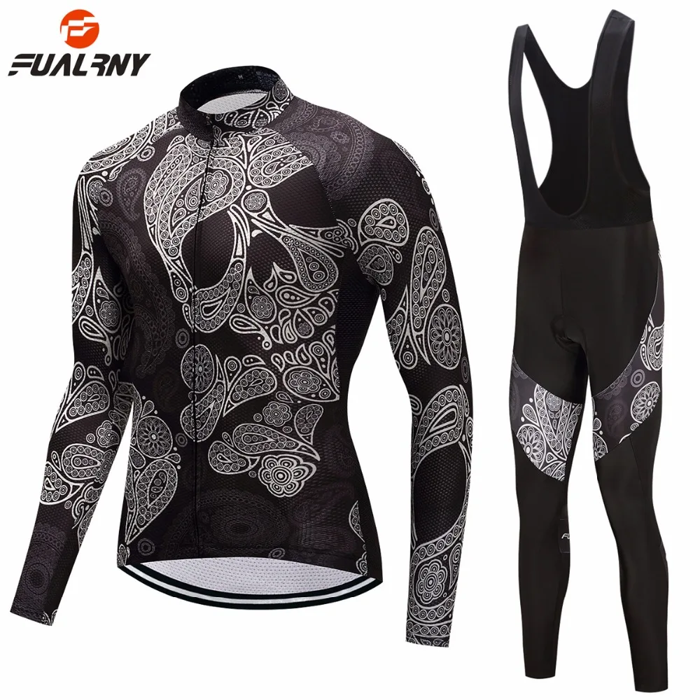 

FUALRNY Black Men's Long Sleeve Cycling Set with Skull Pattern Bike Jersey Bib Pants Sets Mtb Bicycle Clothing Suits 9D Gel Pad