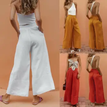 

Womens Cotton Linen Wide Leg Casual Flared Pants Loose Palazzo Trousers Plain