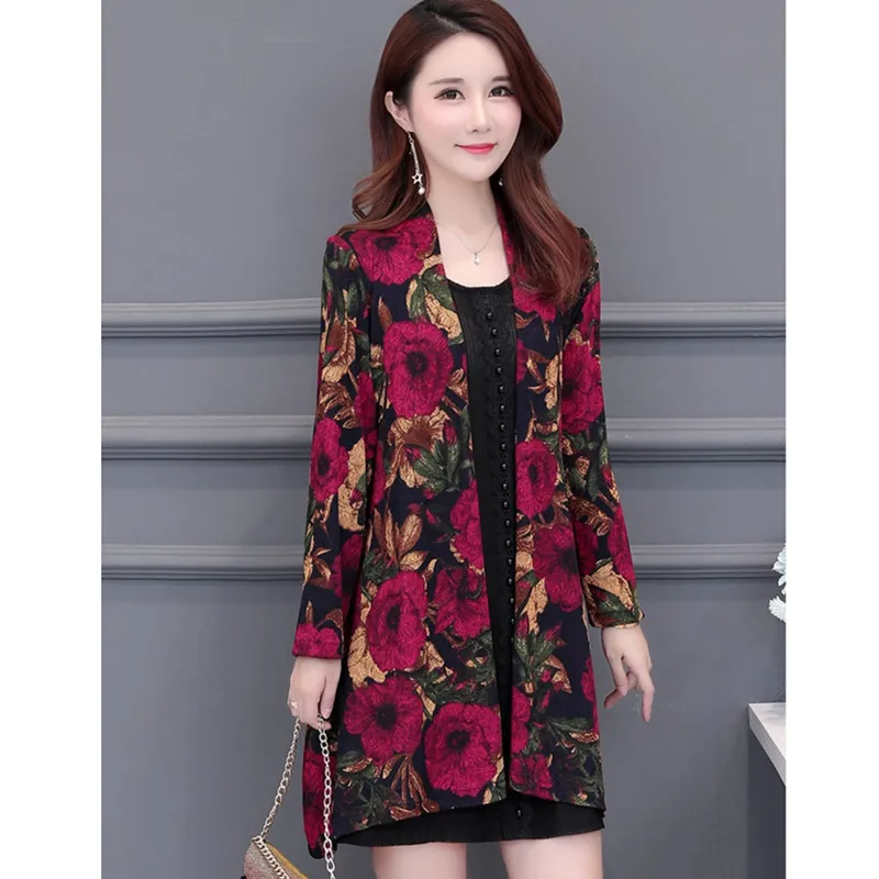 UHYTGF Autumn trench coat Womens fashion folk-custom printing Cardigan shawl thin outerwear Long sleeve loose plus size coats 83