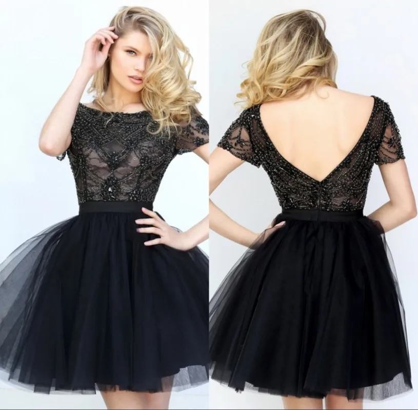 Best Short Sleeve Low Back Lace Above Knee Short Black Elegant Cocktail