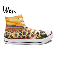 Wen Unisex Hand Painted Shoes Original Custom Design Sunset Sunflower Women Men’s High Top Canvas Shoes Christmas Gifts