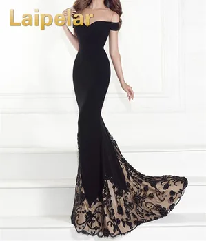 

Laipelar Black Floor-Length Mermaid Party Dress Vintage Off Shoulder Flower Embroidery Patchwork Lace Maxi Dress Vestidos