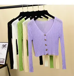 2019 женские модные кардиганы с длинным рукавом свитера с однобортным эластичным трикотажные укороченные топы лето осень кардиган свитер