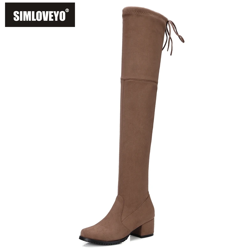 

SIMLOVEYO Winter Flock Boots Feminina Lace-Up Over-The-Knee Boot Solid Square Heels Sexy Shoes Woman Botas feminina mujer B102