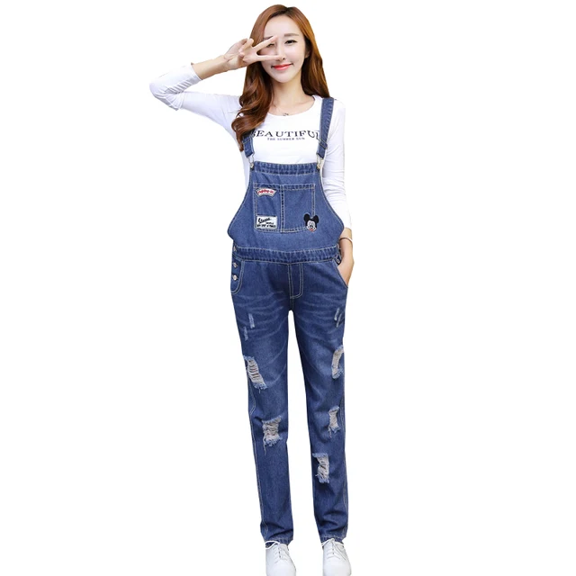 Ripped Maternity Denim Overalls Rompers Pregnant Women Adjustable Waist