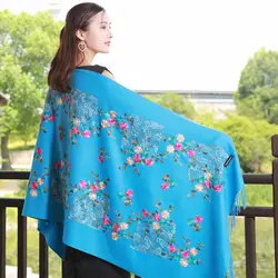 Для женщин вышивка кашемировый шарф Зимний кисточкой Цветочные Пашмины Хиджаб цветы толстые шарфы длинные теплые шали Размеры 200*70 см