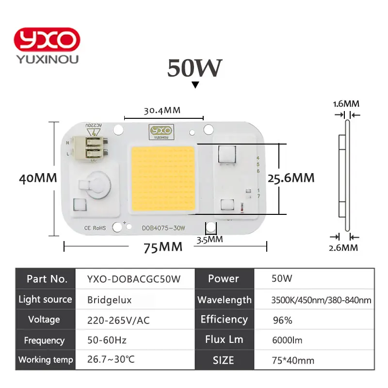 Светодиод YXO YUXINOU DOB чип COB 50 Вт 40 30 20 10 AC 220 В не нужен драйвер умная лампочка с ИС