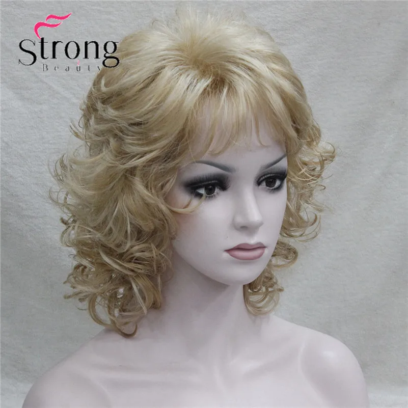 E-1560A #24H613 New Elegant Golden Blonde Mix Blonde Curly Short Synthetic Hair Full Women's Wig (6)