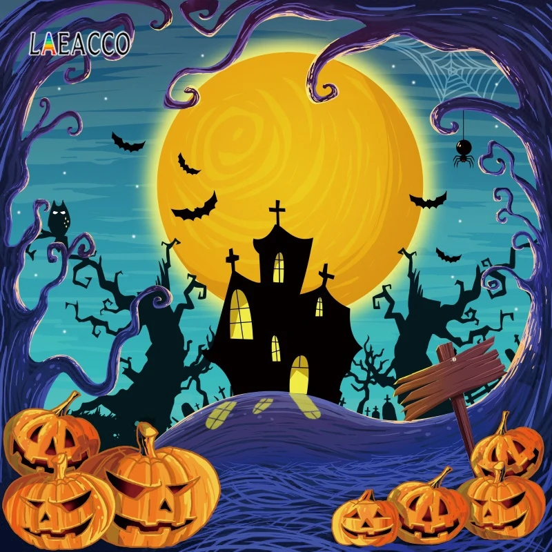 

Laeacco Halloween Castle Trees Pumpkin Bat Moon Night Photography Backgrounds Customized Photographic Backdrops For Photo Studio