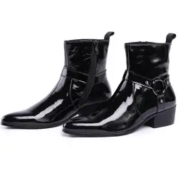 Черные мужские ботинки в британском стиле, ботильоны из лакированной кожи, мотоботы с острым носком и пряжкой