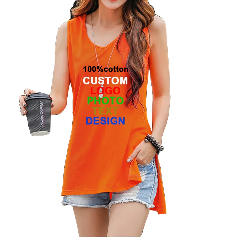 

oversized Women long tank tops cotton custom logo photo text printed DIY split lady V neck tee shirt female hip hop rock t-shirt