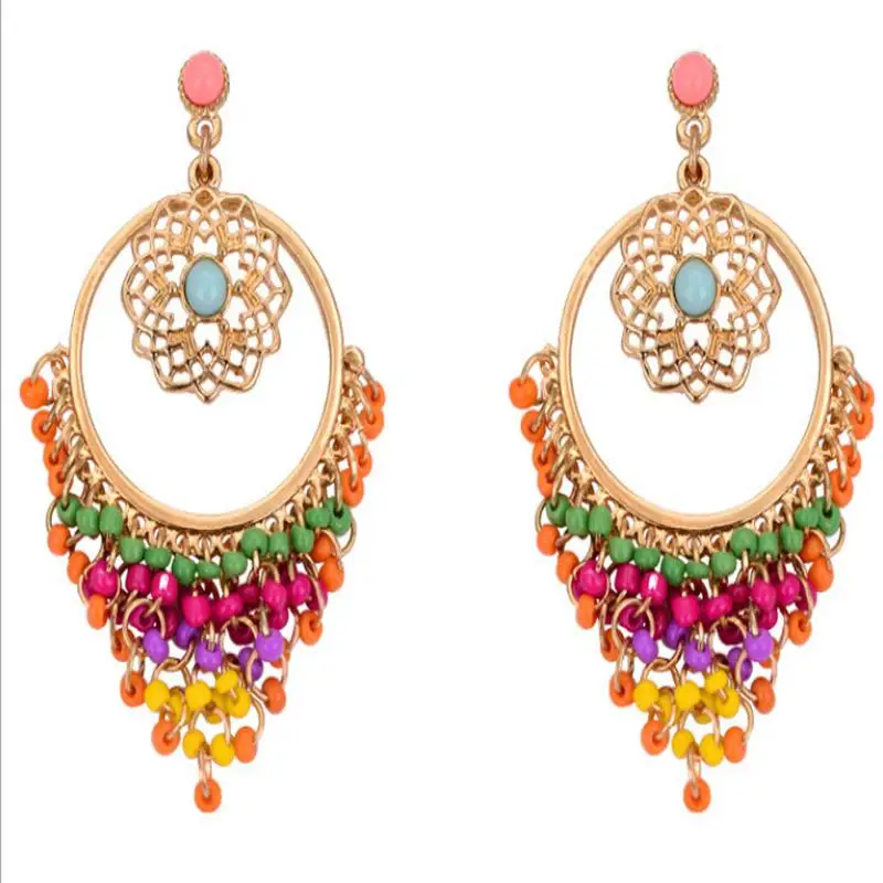 

1 Pair 2019 Summer Style Elegant Hollow Carved Colorful Beads Charm Dangle Earrings Long Earrings for Women