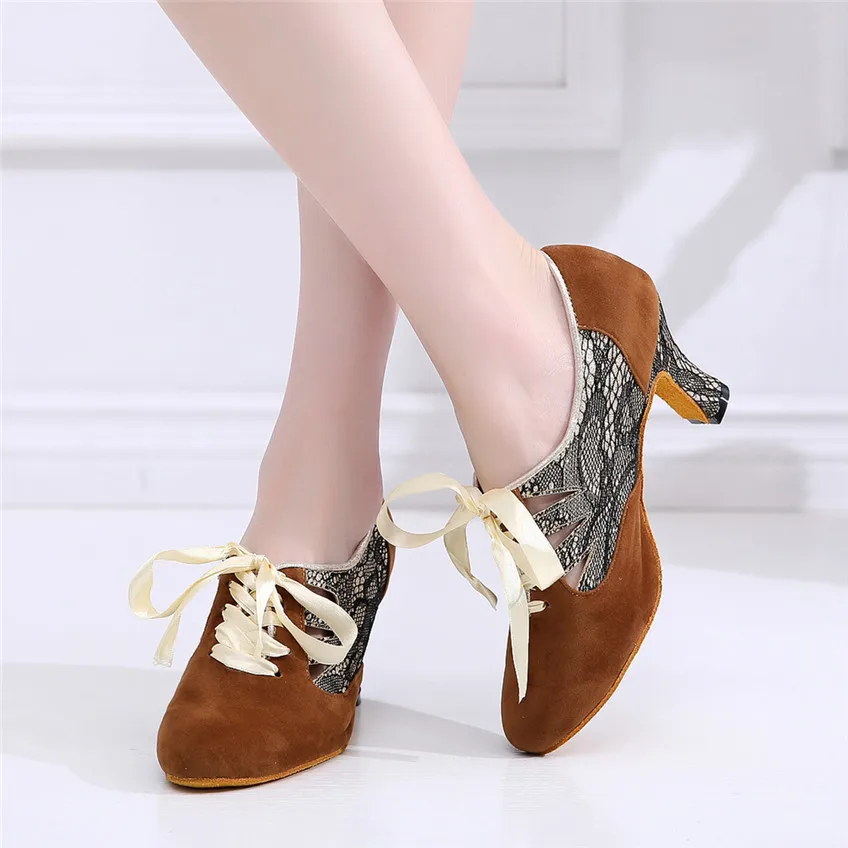 

Quality Brown Black Suede Closed Toe Ballroom 6cm 7cm Square Dance Shoes Heels for Women