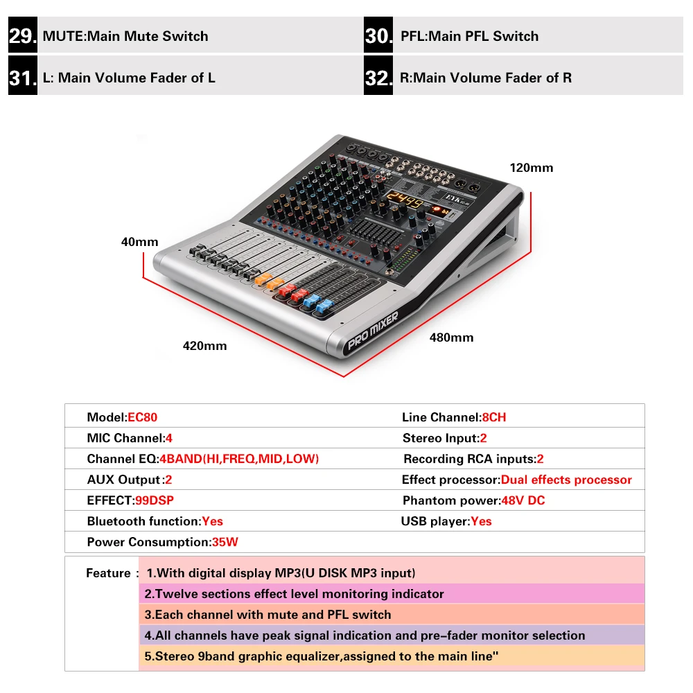 EYK EC80 8-канальная(4 подойдет как для повседневной носки, так, 2 стерео) звукомикшер с 9 полосным эквалайзером 99DSP двойной эффект, включающим в себя гарнитуру блютус и флеш-накопитель USB 2 AUX 2 Запись rca-входы