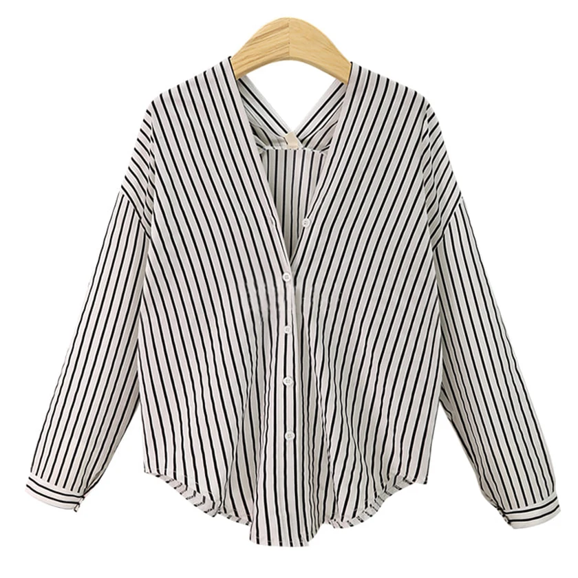 2019 جديد إمرأة الأبيض مخطط T قميص V الرقبة جاكيت كاجوال أنيقة الإناث فضفاض Ruched أعلى زائد حجم 5XL تيز الساخن T8D736C