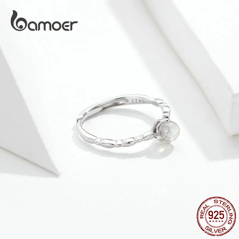 Женское кольцо с лунным камнем bamoer тонкое на палец из натурального серебра 925