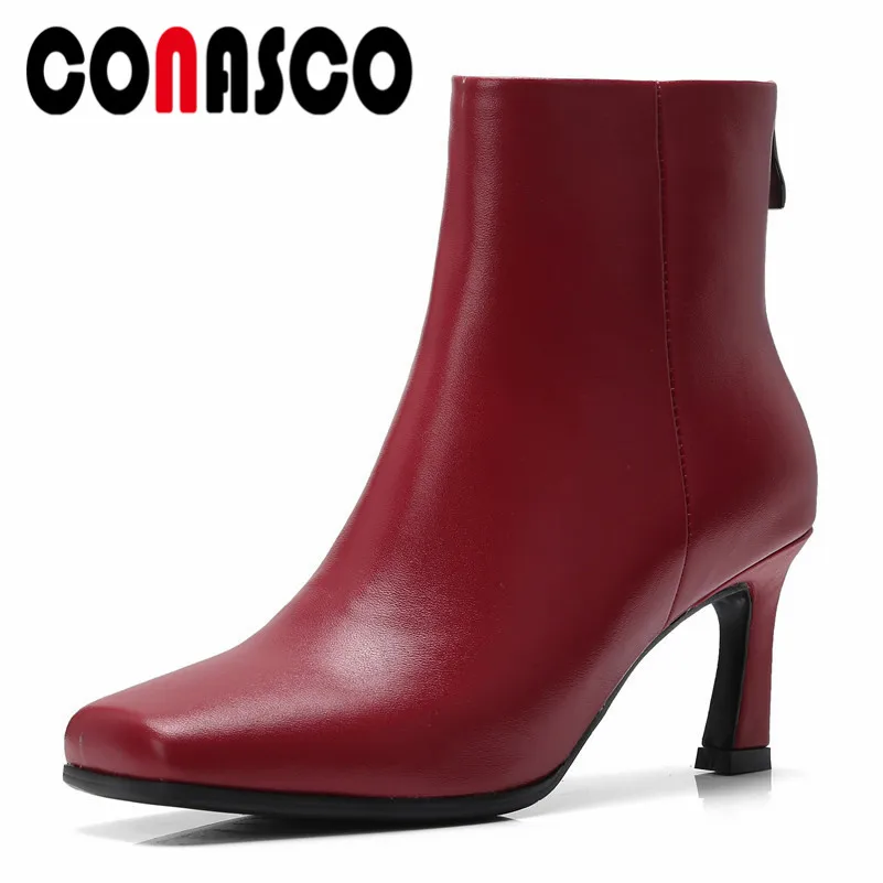 

CONASCO Brand Design Women Ankle Boots Autumn Winter Warm Genuine Leather High Heels Shoes Woman Square Toe Zipper Martin Boots