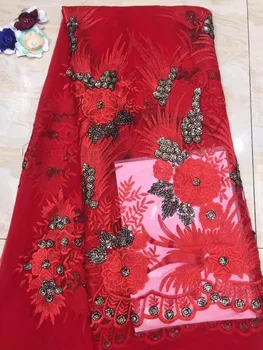 

African Sequins Lace Fabric 2019 Embroidered Nigerian Laces Fabrics High Quality French Red Tulle Lace Fabric For Women