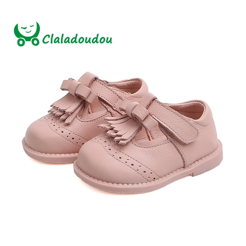 

Claladoudou 12-14CM Brand Genuine Leather Baby Party Shoes Fringe Brogue Princess Flats Shoes Retro Black Toddler Girls Shoes