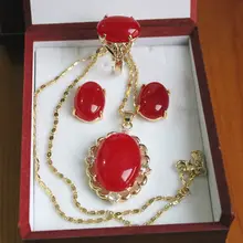 Женские милые последние инкрустация ожерелье с красным камнем серьги кольцо набор драгоценных камней ювелирные изделия серебро Кварцевый Камень Кристалл женщин