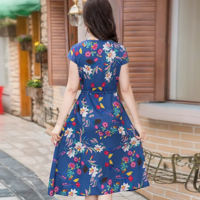 2018 New Women Dress fashion casual knee-length dress Elegant printing O-neck A-line Vestidos women spring summer party dress 1