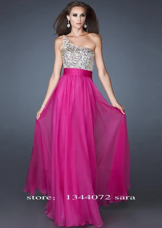 Magenta One Shoulder Paradise Beaded Back Long Prom Dress_conew1
