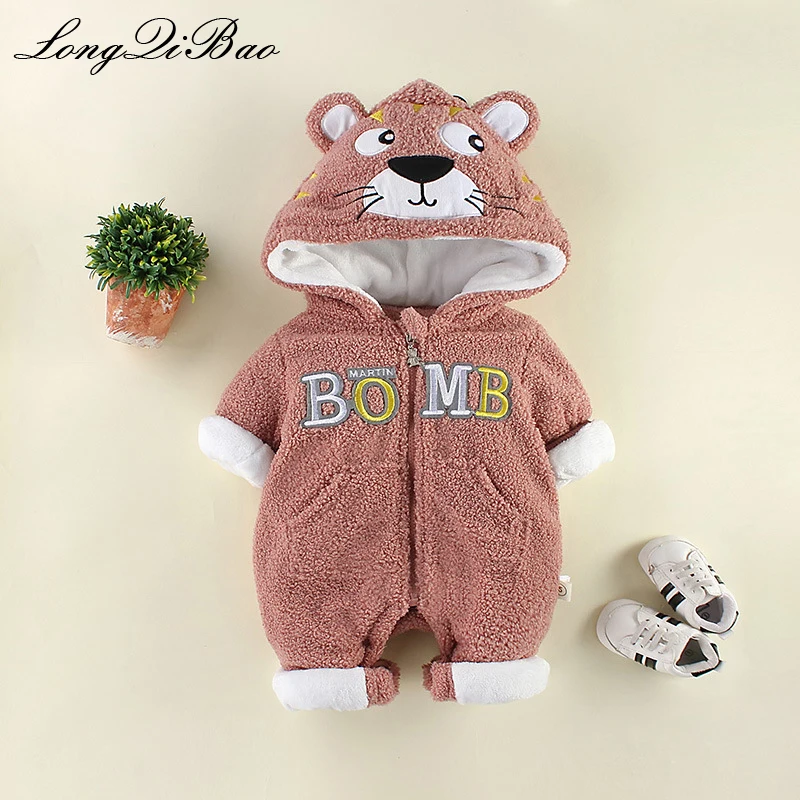 

High quality cotton cartoon rat baby onesies autumn and winter clothing plus velvet newborn baby clothes winter 0-12 months hold