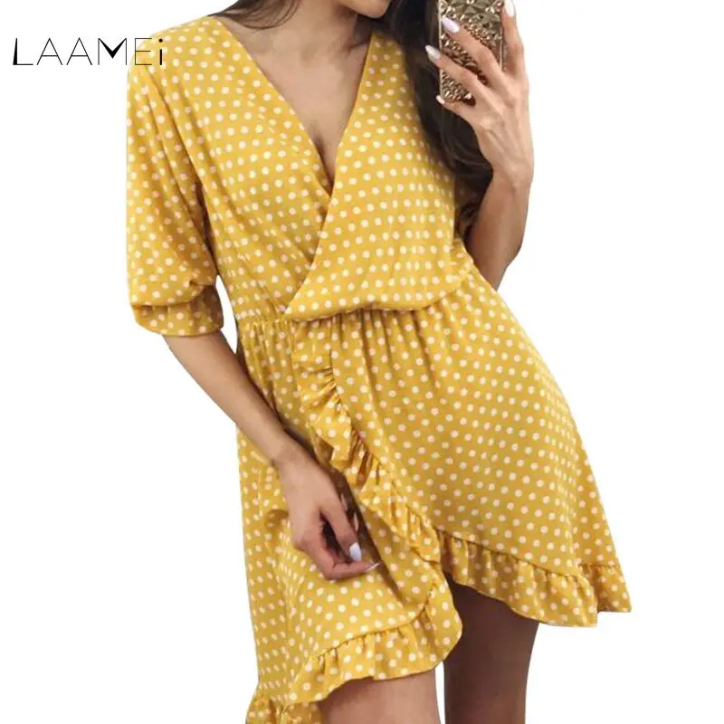 

Laamei Dot Print Elagant Red Dress Women Sexy V Neck Ruffles Short Dresses Summer 2019 Casual Beach Mini Dress Vestidos Female