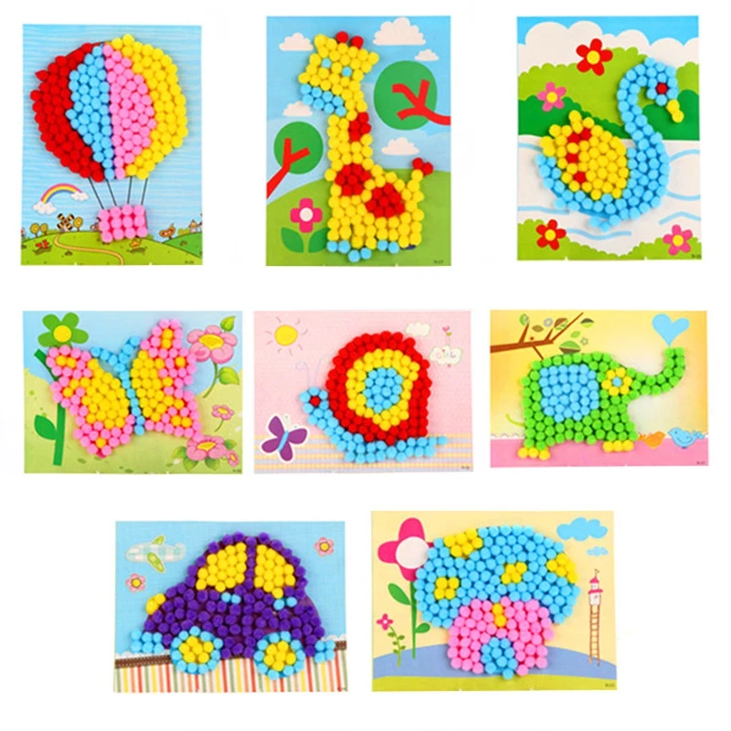 

8Pcs Children Diy Cotton Ball Stickers/Kids Child Cartoon Cardboard With Multi Color Little Ball Stick Paintings,Free Shipping