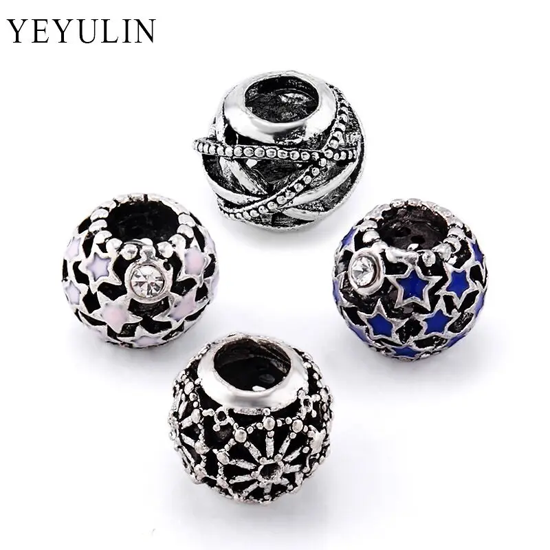 

Retro Silver Color Enamel Star And Planet Pattern Big Hole Beads Charm For Snake Chain Bracelet Accessories 10pcs