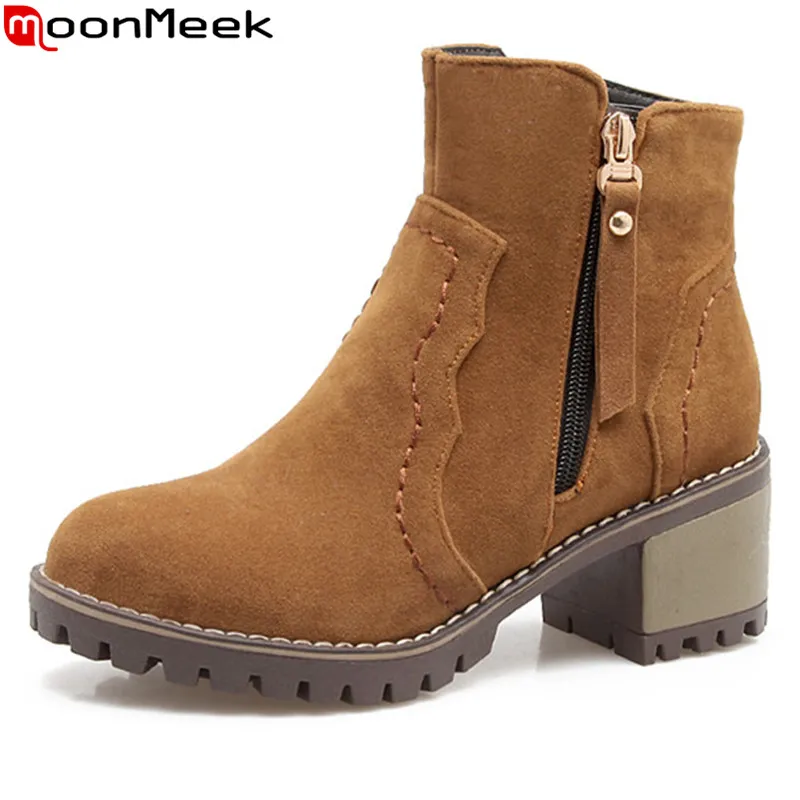 

MoonMeek hot sale autumn winter women boots fashion zipper flock square heels ankle boots black Army green ladies boots