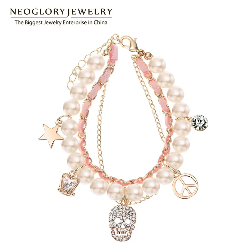 

Neoglory Czech Rhinestone Simulated Pearl Light Yellow Gold Color Fashion multi layer Bangles Bracelets for Women 2018 New QC4