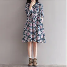 2017 Осень Весна Цветочные Печати Dress Отложным Воротником Белье Старинные Dress Длинным Рукавом Элегантный Sweet Vestidos Femininos М-2XL