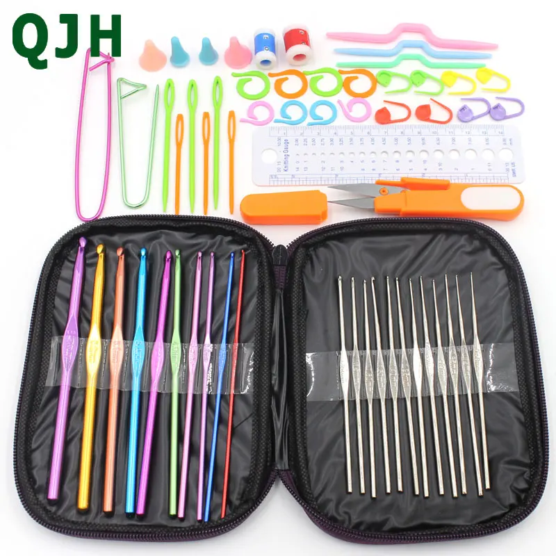 

58pcs/set QJH Brand Aluminum Crochet Hooks Set Ergonomics Knitting Needles Aluminum Weave Craft DIY Sewing Tools Stitch Loom Kit