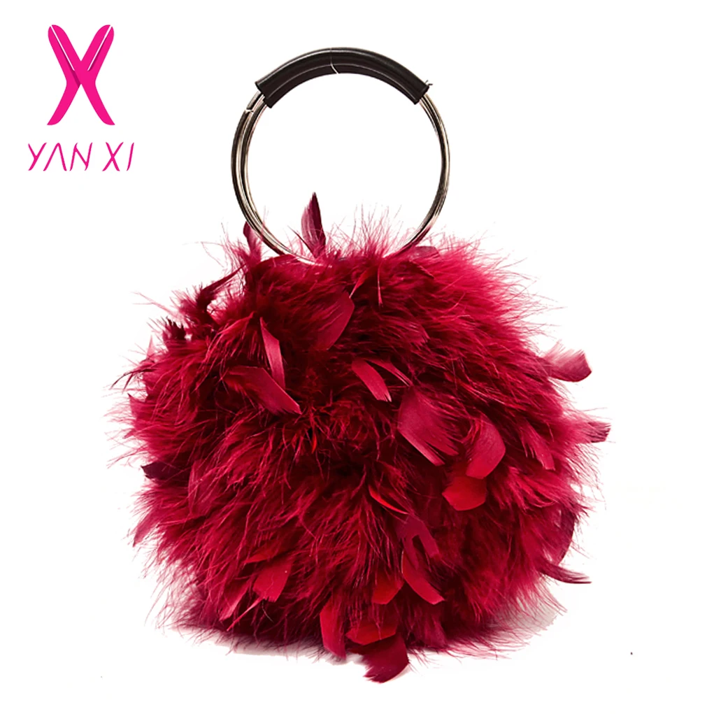 

New Feather Bag Women Shoulder Bag Cute Pure Color Ostrich Feather Small Chain The Small Round Bag Bolsa Feminina Ring Handbag